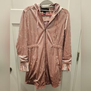 Colleen Lopez XS Blush Pink Crushed Velvet Hooded Zip Jacket Longline Soft Stret